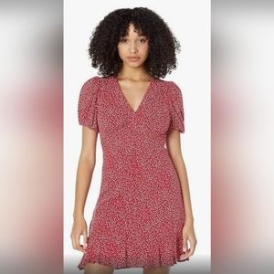 1.STATE V-Neck Ruffle Hem Dress Mini Red White Floral Puff Sleeve